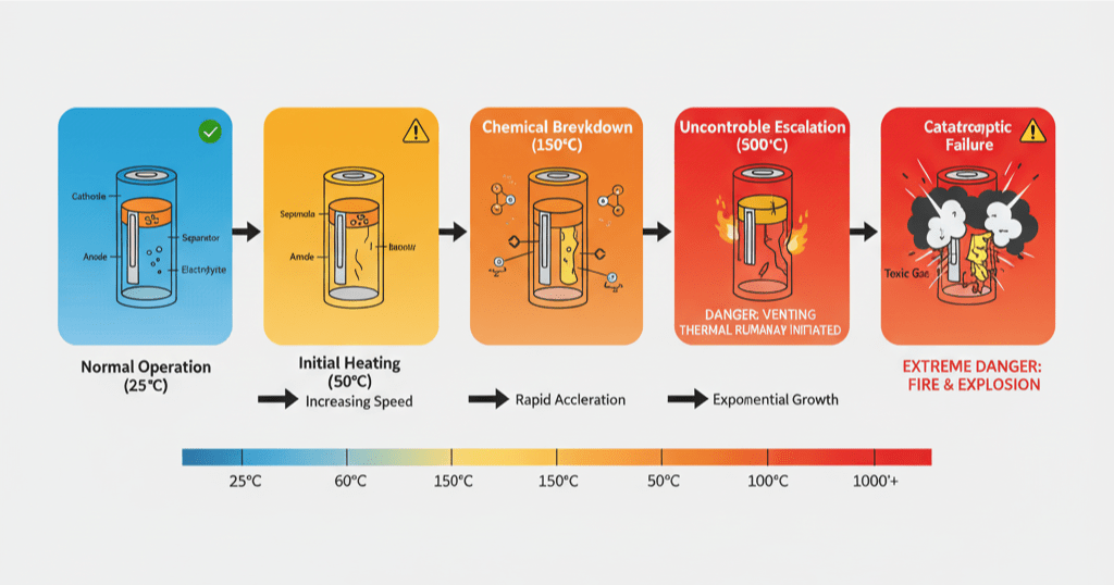 Five-stage thermal runaway diagram showing lithium battery heating from 25°C normal operation to 1000°C+ catastrophic failure with fire and explosion
