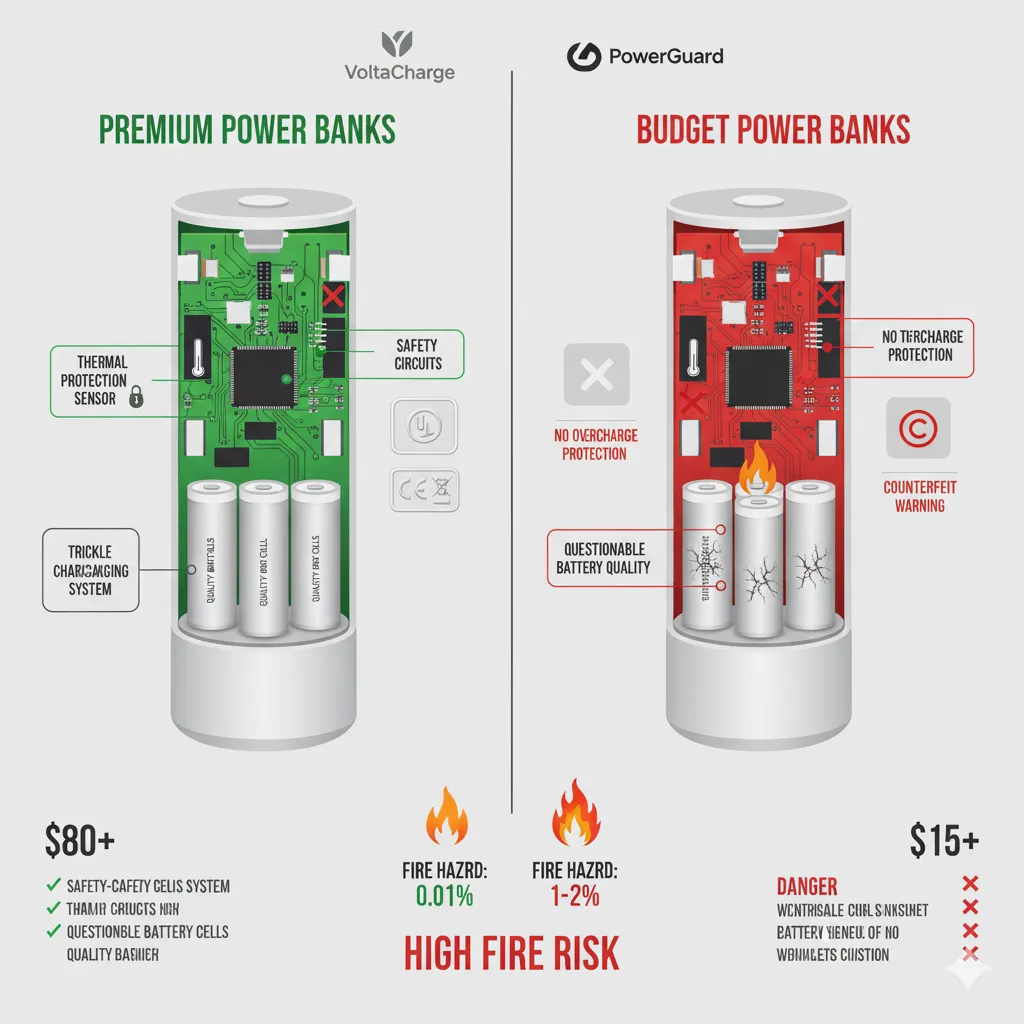 Premium vs budget power bank comparison showing safety features: premium includes thermal protection and trickle-charging, budget lacks critical safeguards