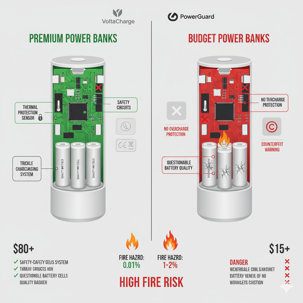 Premium vs budget power bank comparison showing safety features: premium includes thermal protection and trickle-charging, budget lacks critical safeguards