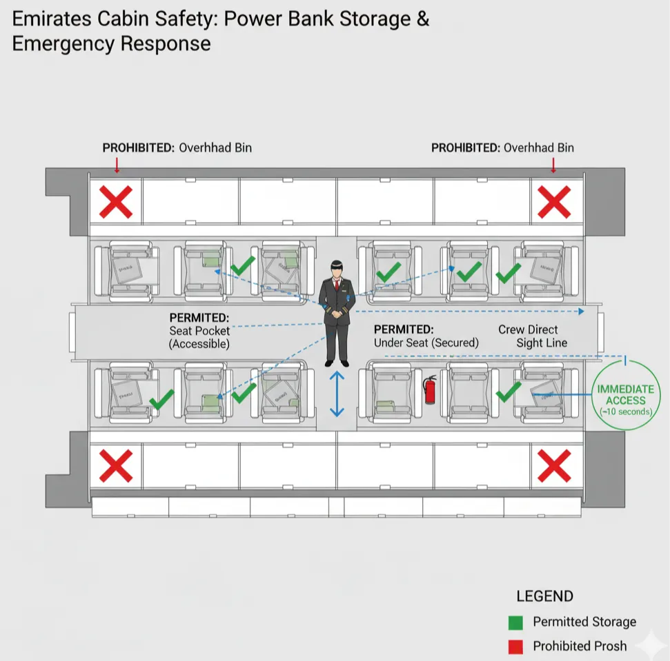 Aircraft cabin diagram showing permitted power bank storage in seat pockets and under seats enabling immediate crew emergency response access
