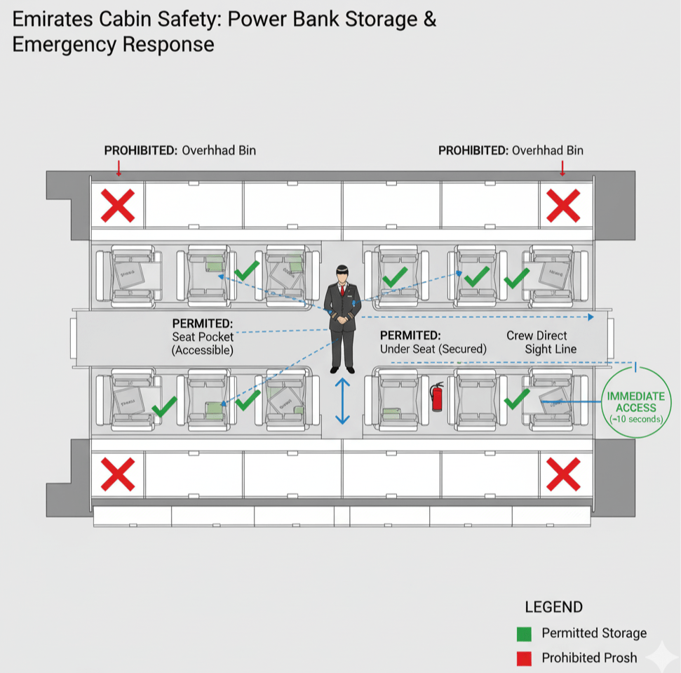 Aircraft cabin diagram showing permitted power bank storage in seat pockets and under seats enabling immediate crew emergency response access