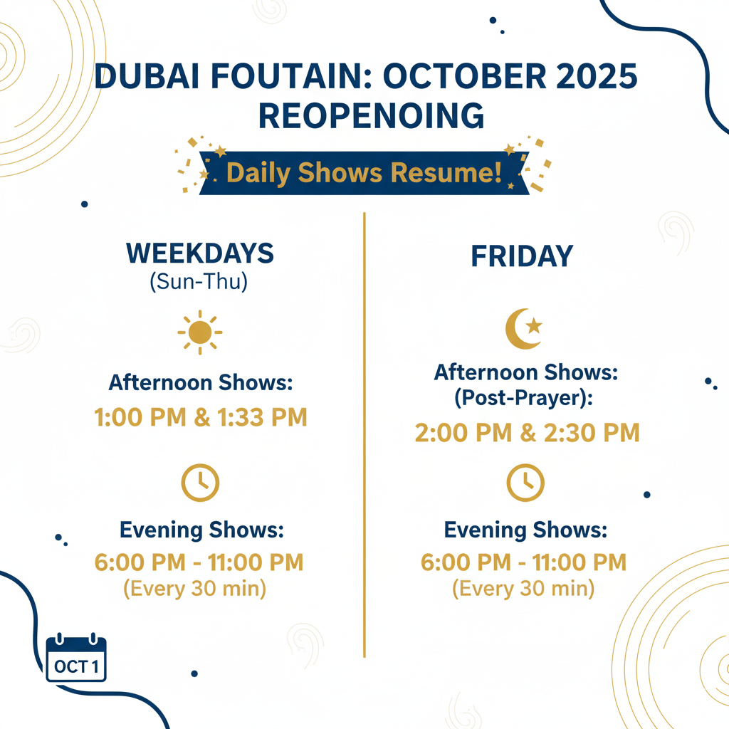Dubai Fountain October 2025 show schedule: weekdays 1pm/1:30pm and 6-11pm, Fridays 2pm/2:30pm and 6-11pm with 30-minute intervals