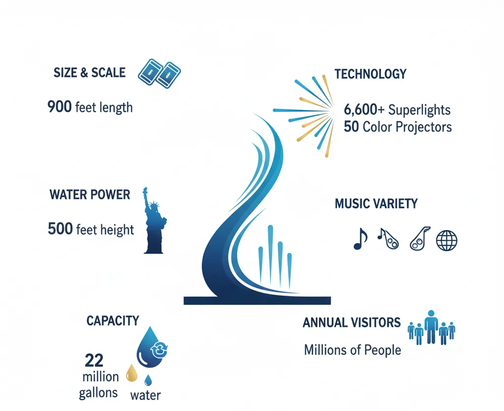 Dubai Fountain specifications infographic: 900 feet long, 500 feet water height, 6,600 lights, 22 million gallons recycled water, millions of visitors