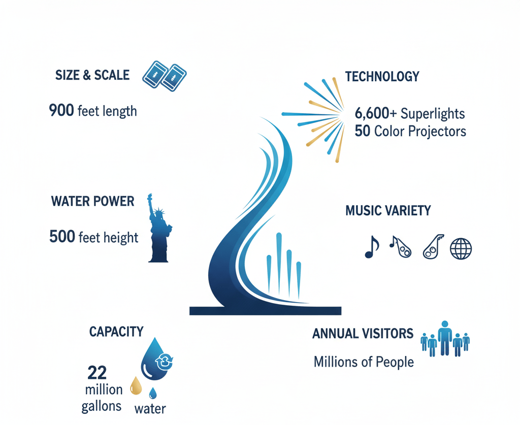 Dubai Fountain specifications infographic: 900 feet long, 500 feet water height, 6,600 lights, 22 million gallons recycled water, millions of visitors