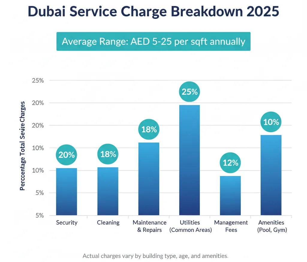 Bar chart displaying typical breakdown of Dubai property service charges showing security, cleaning, maintenance, utilities, management fees, and amenities costs