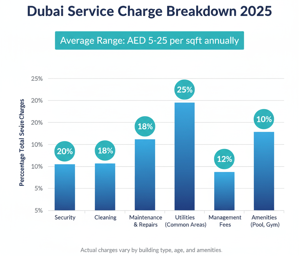Bar chart displaying typical breakdown of Dubai property service charges showing security, cleaning, maintenance, utilities, management fees, and amenities costs