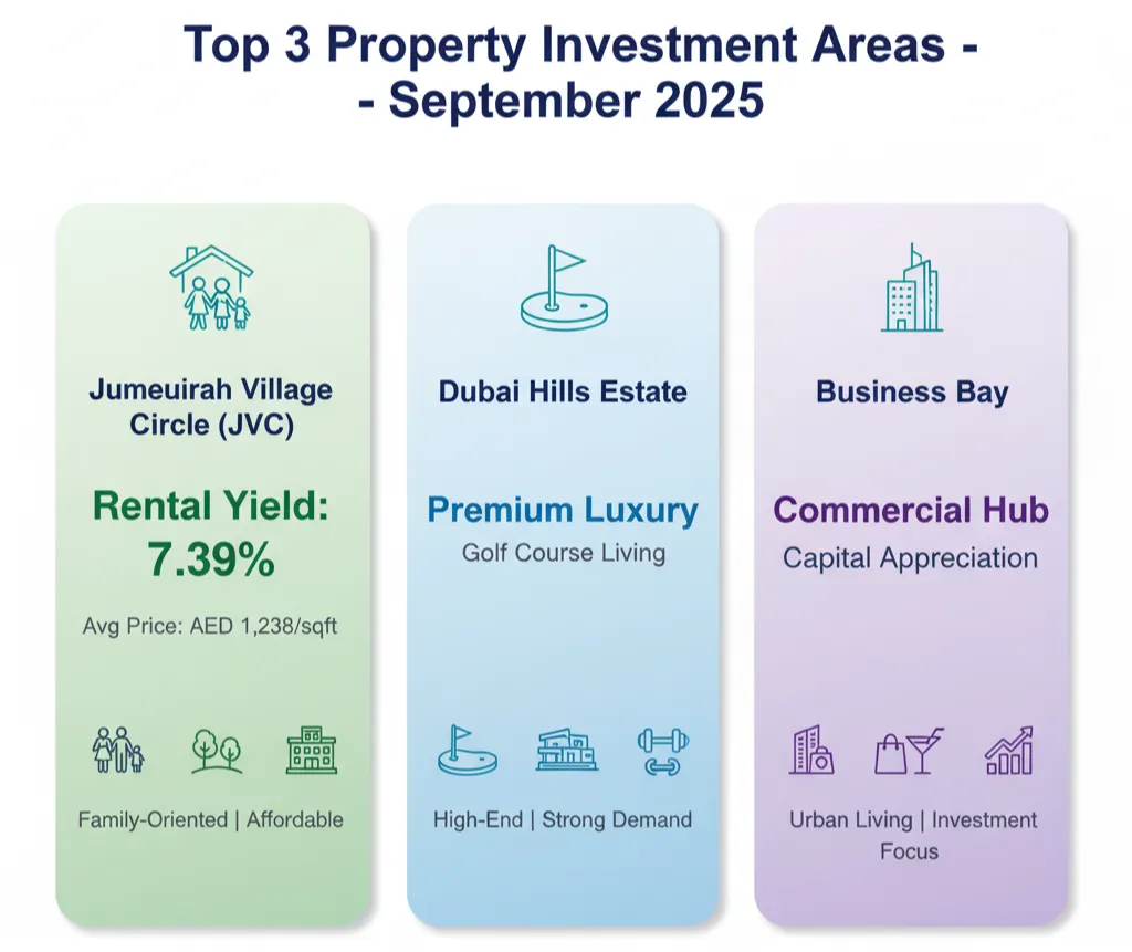 Three-panel infographic showing Dubai's top property investment areas - JVC with 7.39% yields, Dubai Hills Estate premium luxury segment, and Business Bay commercial hub performance