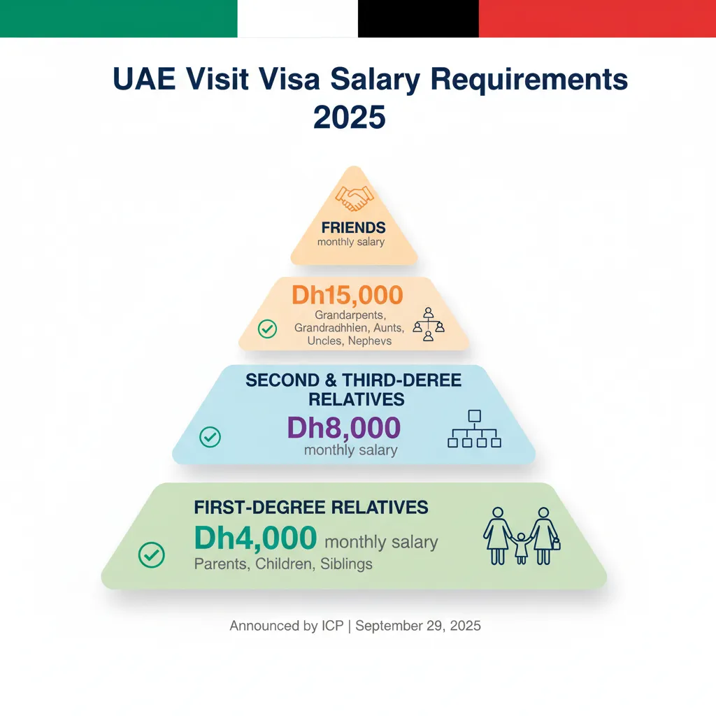 Three-tier pyramid showing UAE visit visa salary requirements of Dh4,000 for first-degree relatives, Dh8,000 for second and third-degree, and Dh15,000 for friends