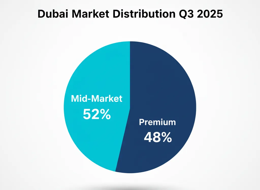 Pie chart showing mid-market housing at 52% of Dubai Q3 2025 transactions