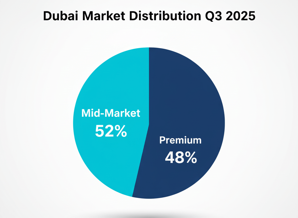 Pie chart showing mid-market housing at 52% of Dubai Q3 2025 transactions
