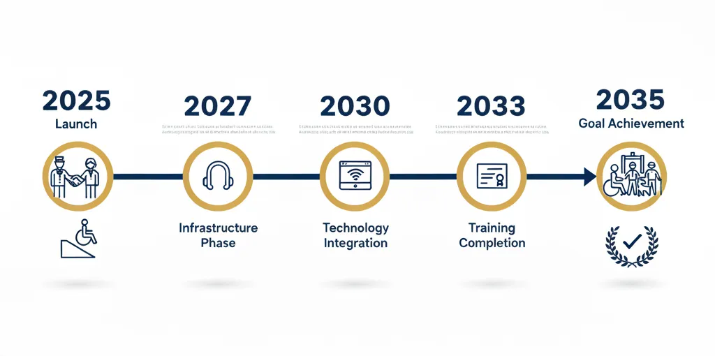 Timeline infographic showing Dubai Airports' 10-year accessibility strategy milestones from 2025 to 2035 with key implementation phases