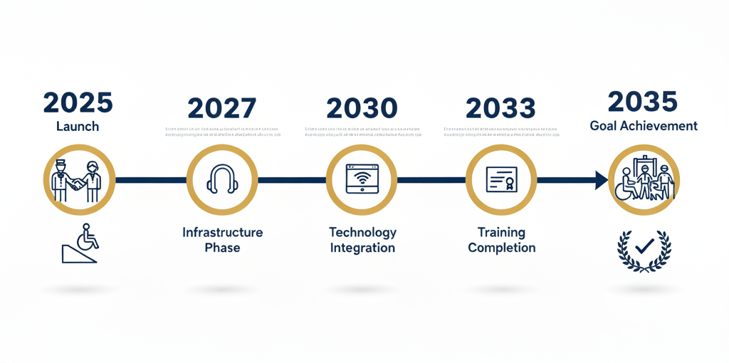 Timeline infographic showing Dubai Airports' 10-year accessibility strategy milestones from 2025 to 2035 with key implementation phases