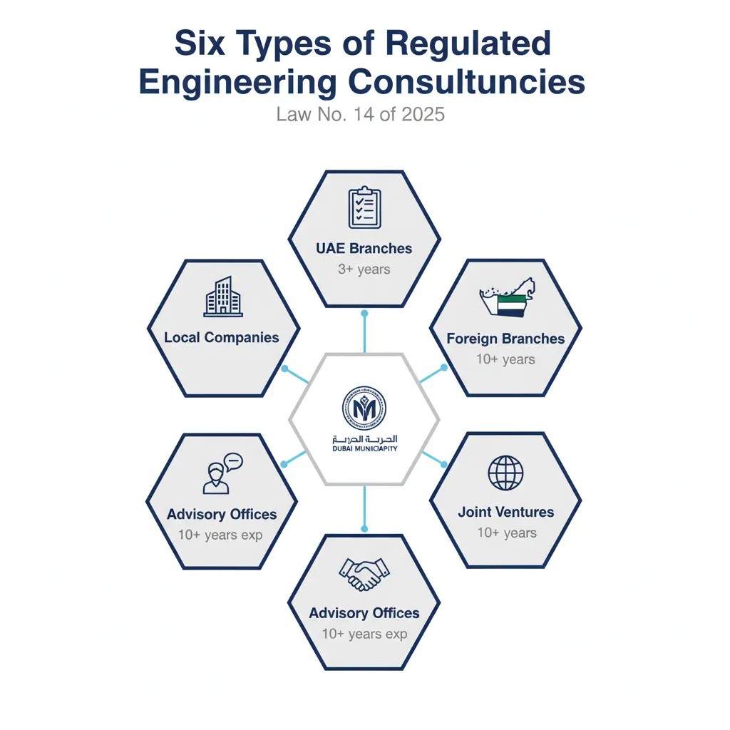 Infographic showing six types of engineering consultancy offices regulated under Dubai Law No. 14 of 2025