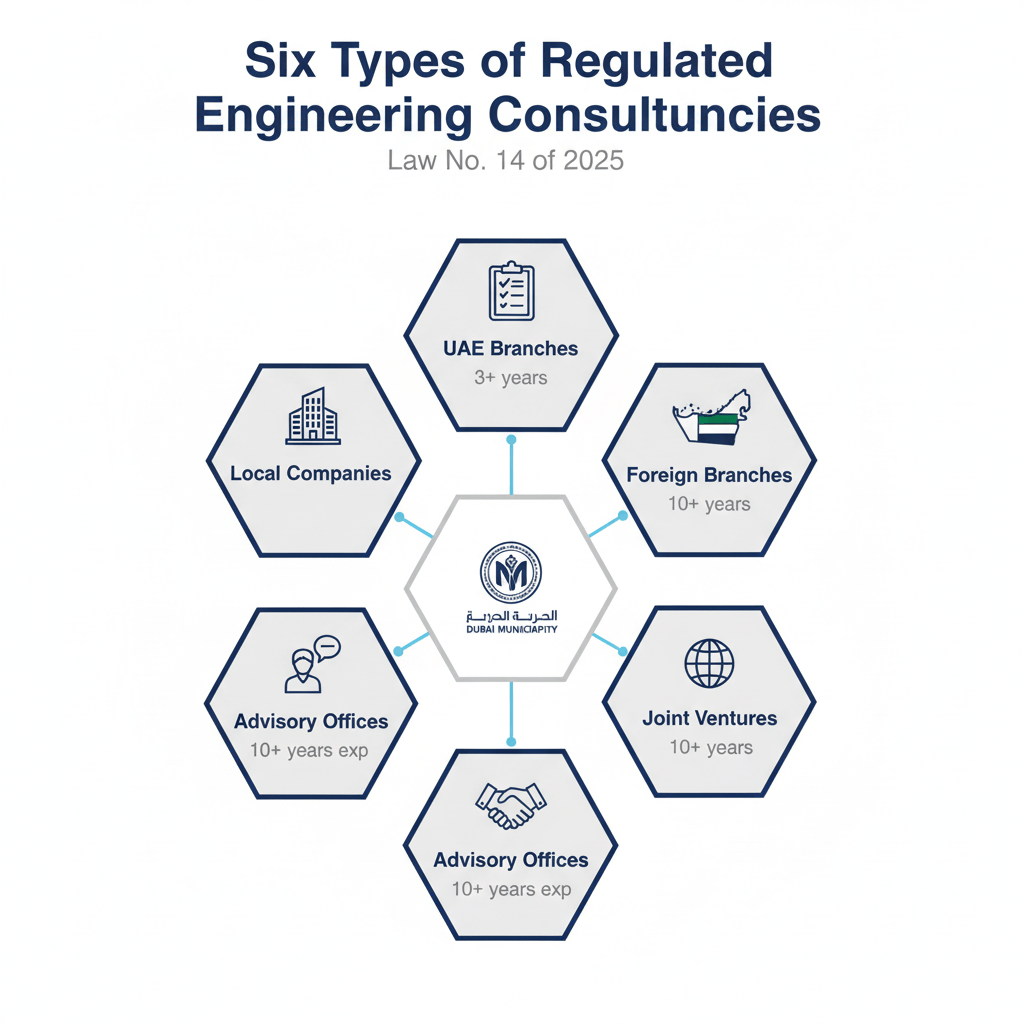 Infographic showing six types of engineering consultancy offices regulated under Dubai Law No. 14 of 2025