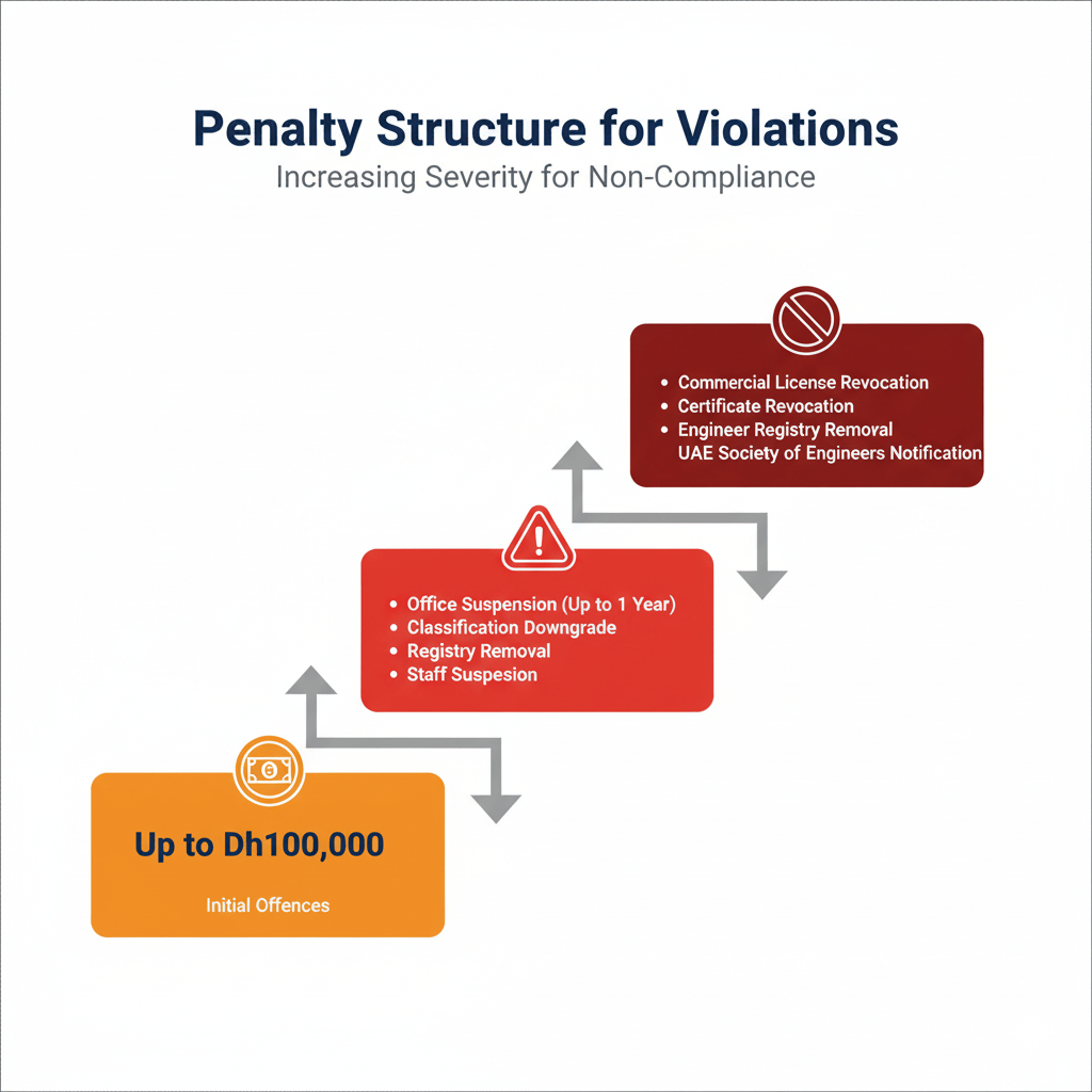 Penalty escalation diagram showing financial and administrative consequences for engineering consultancy violations in Dubai
