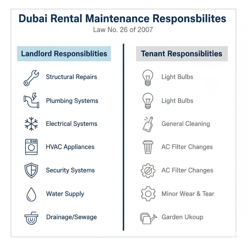 Infographic comparing landlord and tenant maintenance responsibilities under Dubai rental law