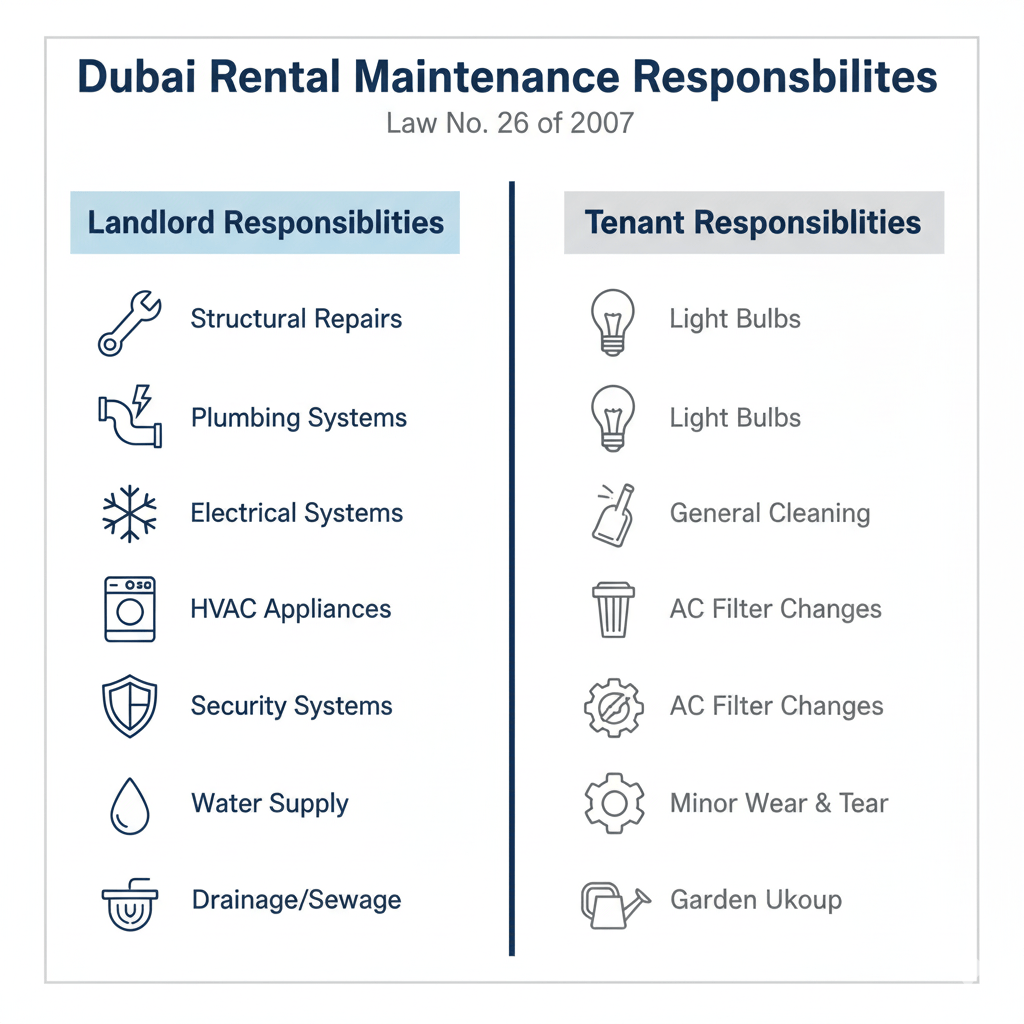 Infographic comparing landlord and tenant maintenance responsibilities under Dubai rental law