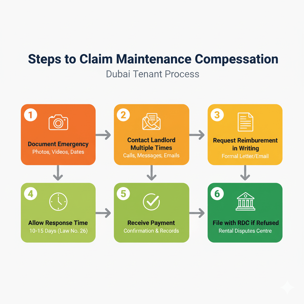 Six-step process flowchart showing how Dubai tenants can claim maintenance compensation from landlords