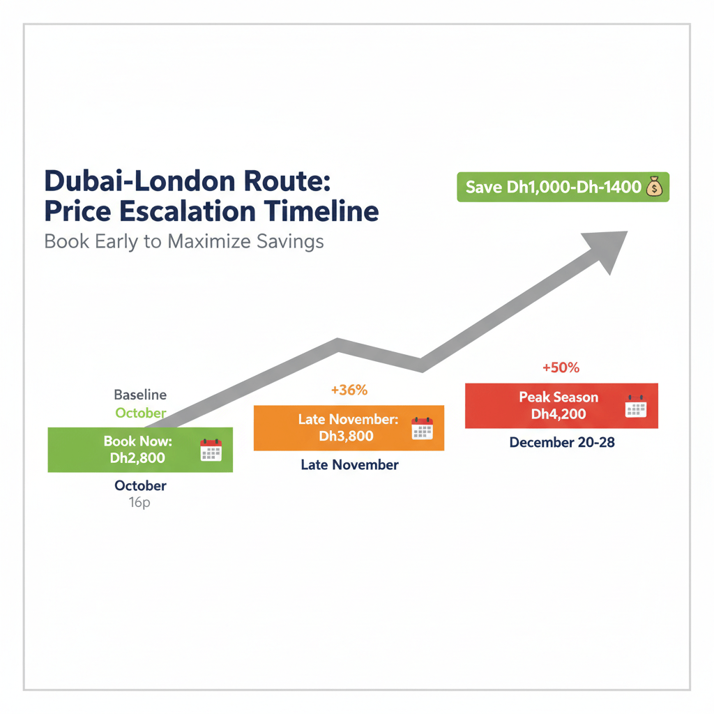 Price comparison chart showing Dubai-London airfare escalation from Dh2,800 in October to Dh4,200 in peak December season