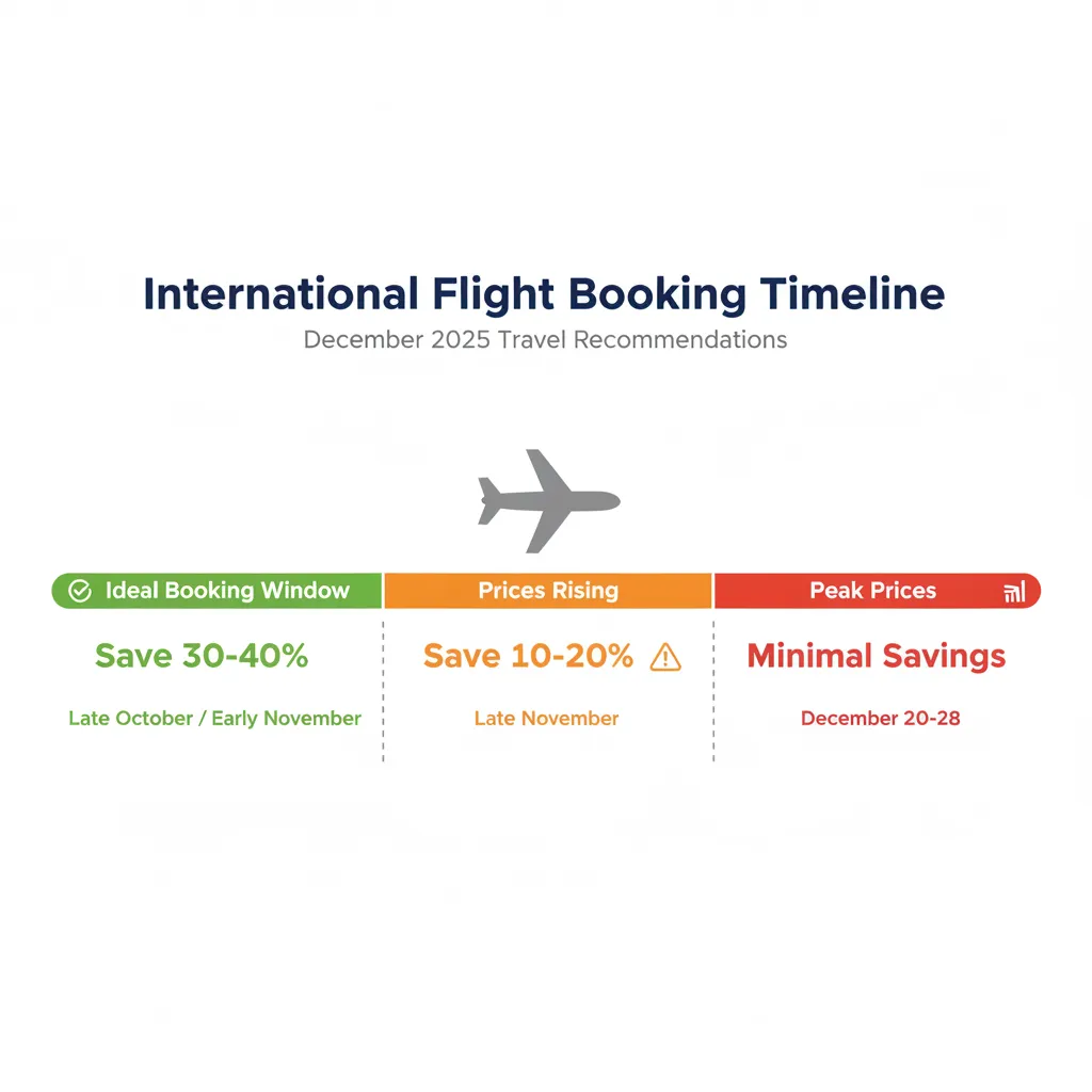 Flight booking timeline showing optimal 6-8 week advance booking window with 30-40% savings for December travel