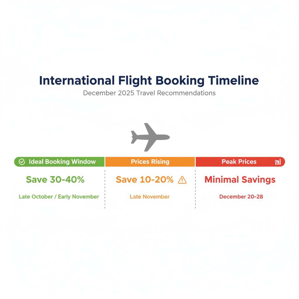 Flight booking timeline showing optimal 6-8 week advance booking window with 30-40% savings for December travel
