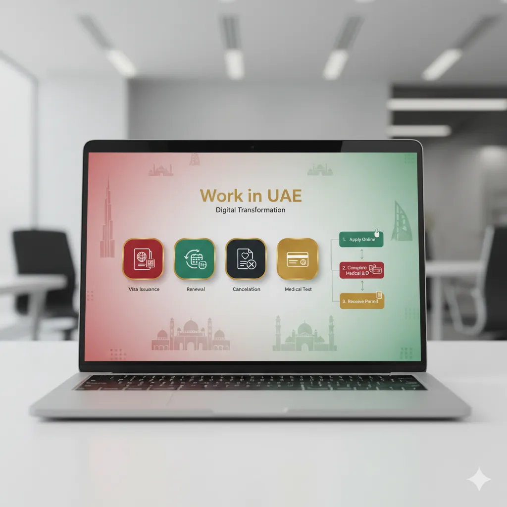 Issue, renew, or cancel domestic worker visas online through Work in UAE platform. Complete medical tests and Emirates ID without office visits.