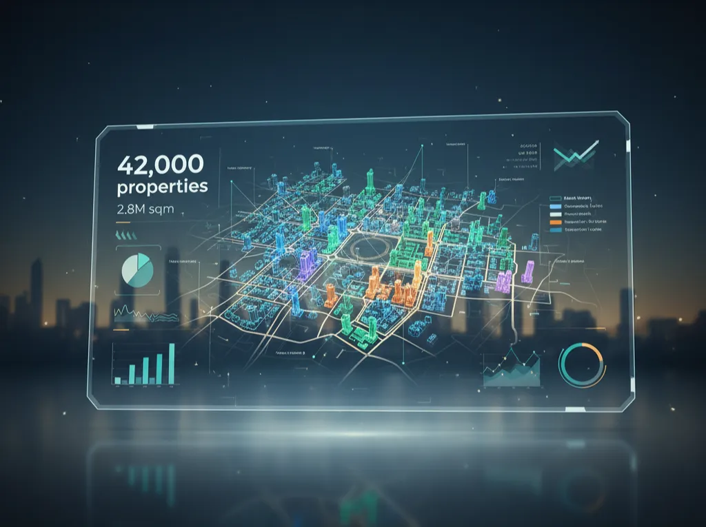 Digital visualization of Sharjah real estate mapping showing 42,000 properties on Aqari platform