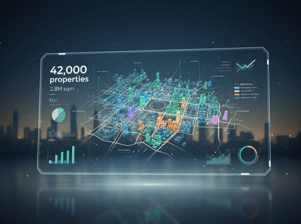Digital visualization of Sharjah real estate mapping showing 42,000 properties on Aqari platform