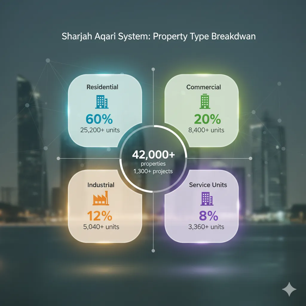 Property type distribution chart showing residential, commercial, industrial and service units in Sharjah Aqari database