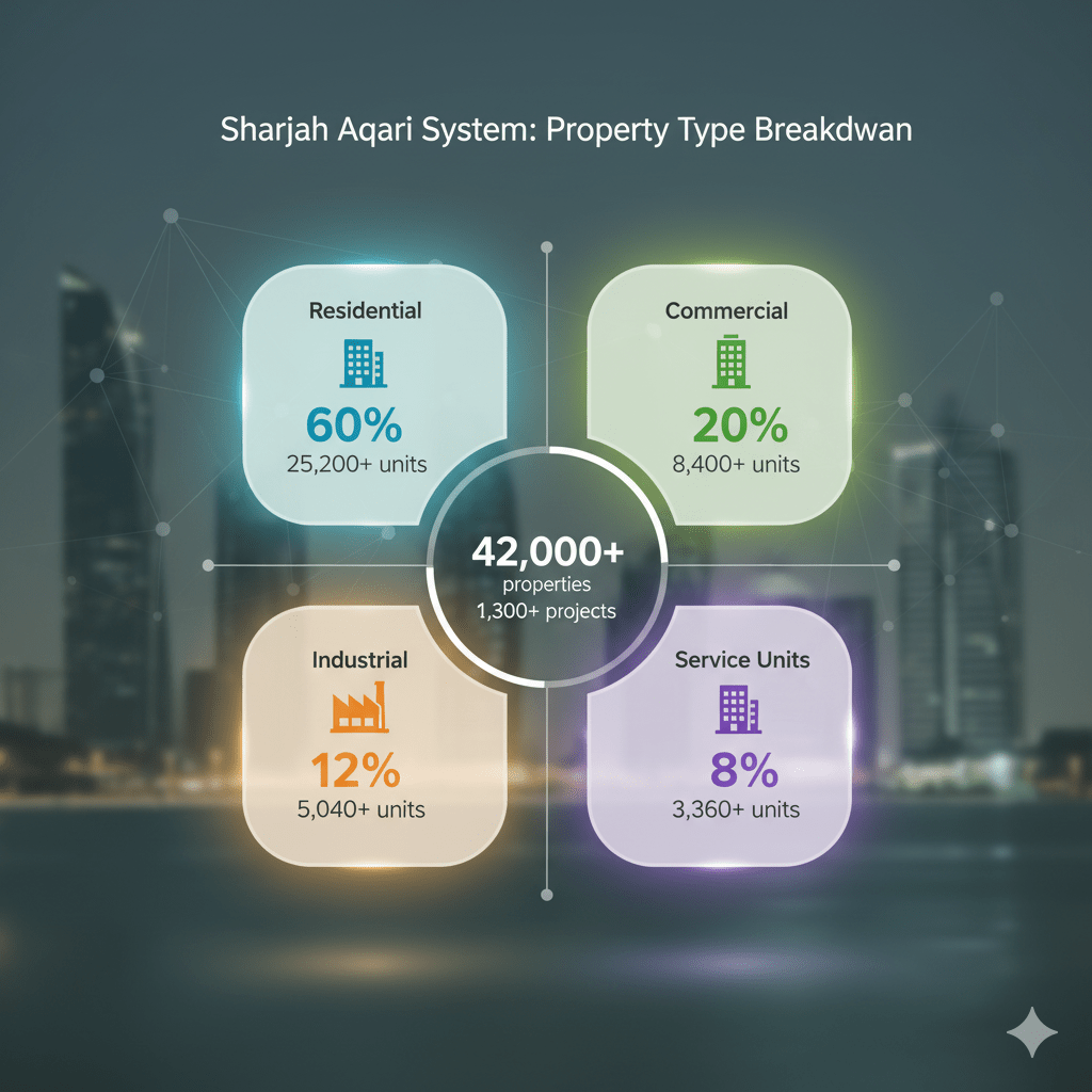 Property type distribution chart showing residential, commercial, industrial and service units in Sharjah Aqari database