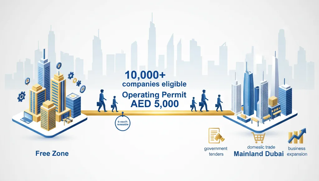 Diagram showing Dubai free zone companies accessing mainland market through new operating permit