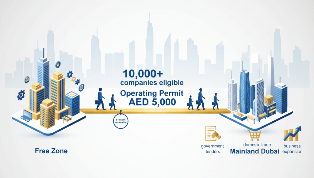Diagram showing Dubai free zone companies accessing mainland market through new operating permit