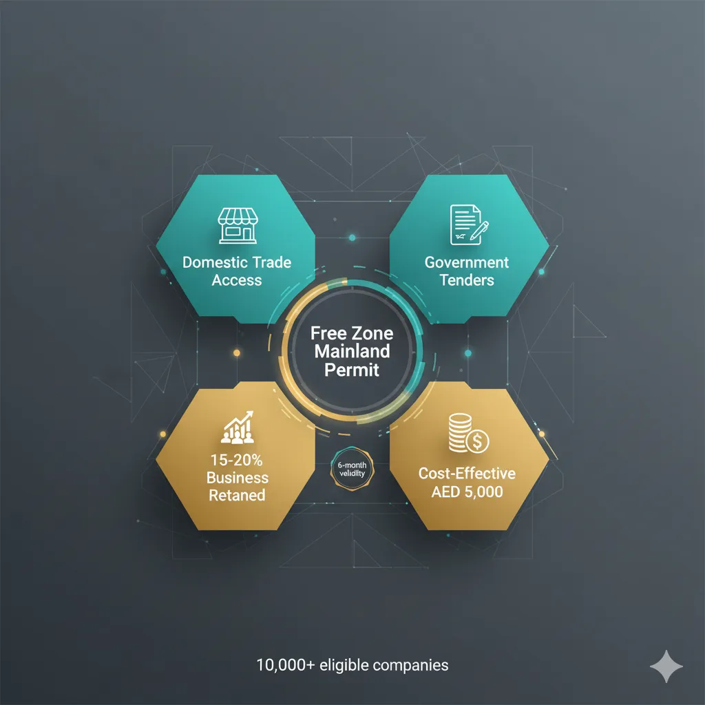 Key benefits of Dubai Free Zone Mainland Operating Permit showing cost savings and business opportunities