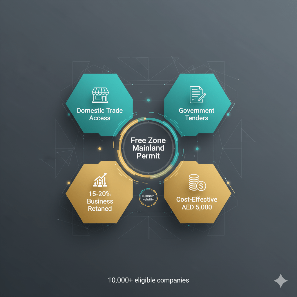 Key benefits of Dubai Free Zone Mainland Operating Permit showing cost savings and business opportunities