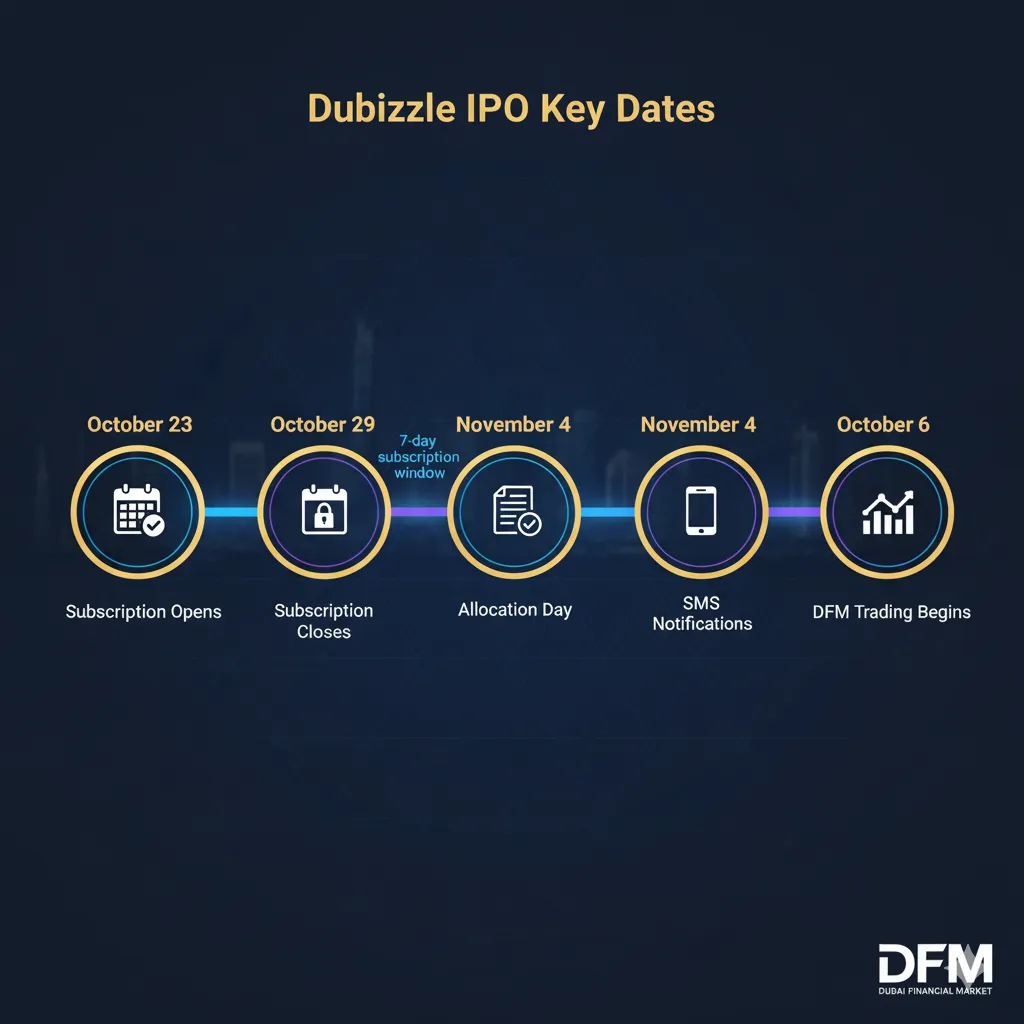 Dubizzle Group IPO timeline showing subscription dates from October 23 to November 6 listing