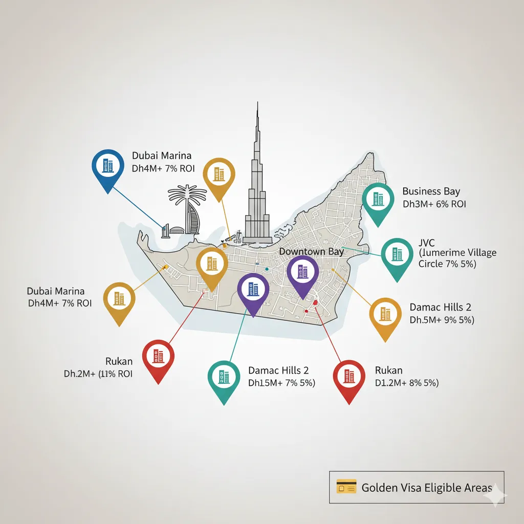 Map of Dubai showing 8 best areas to invest Dh2 million for Golden Visa eligibility with ROI percentages
