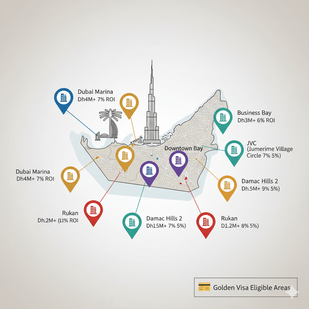 Map of Dubai showing 8 best areas to invest Dh2 million for Golden Visa eligibility with ROI percentages