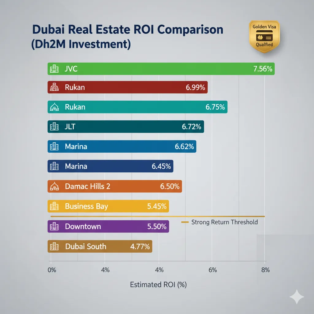 ROI comparison chart for Dubai Golden Visa eligible properties across 8 investment areas