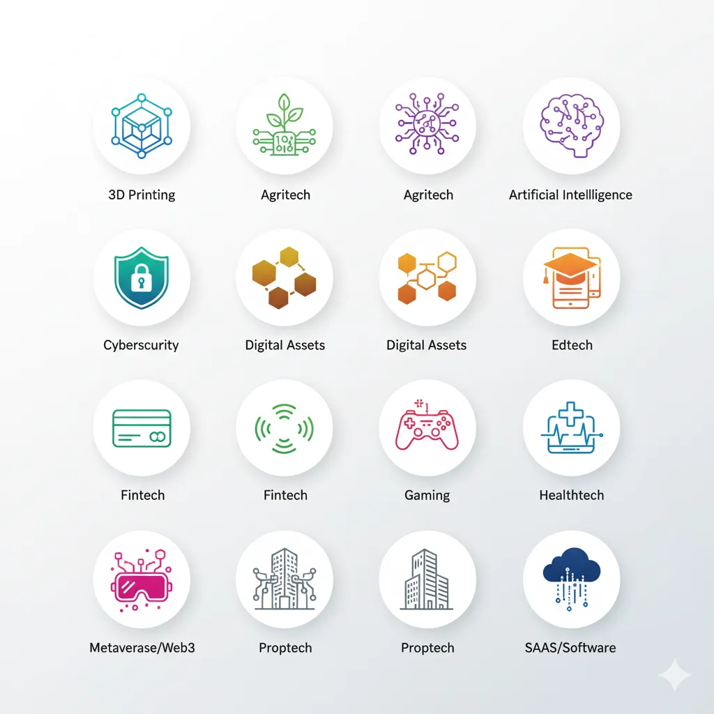 Comprehensive visual breakdown of 12 technology sectors covered in Dubai Startup Guide including AI, fintech, healthtech, and blockchain