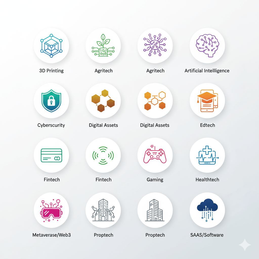Comprehensive visual breakdown of 12 technology sectors covered in Dubai Startup Guide including AI, fintech, healthtech, and blockchain