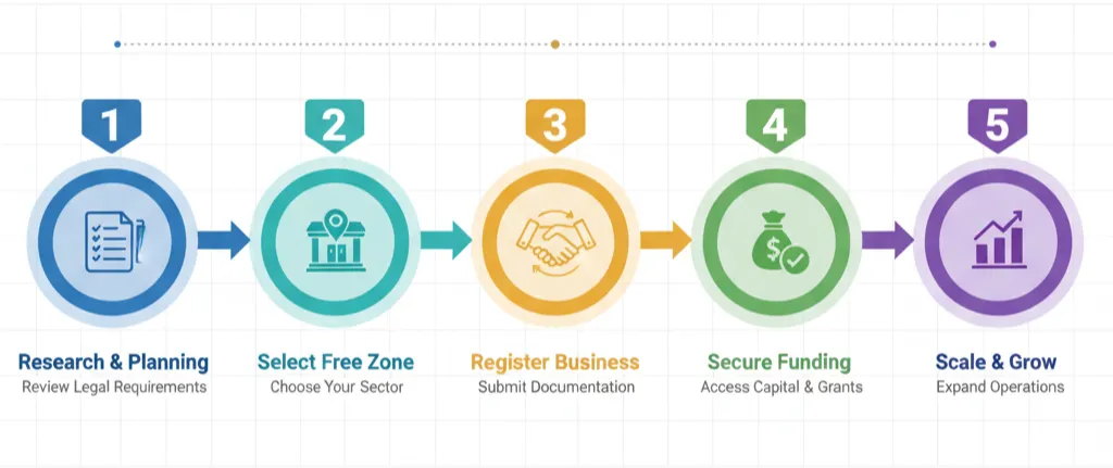 Five-stage visual roadmap showing the complete process of establishing and scaling a digital startup in Dubai from research to growth