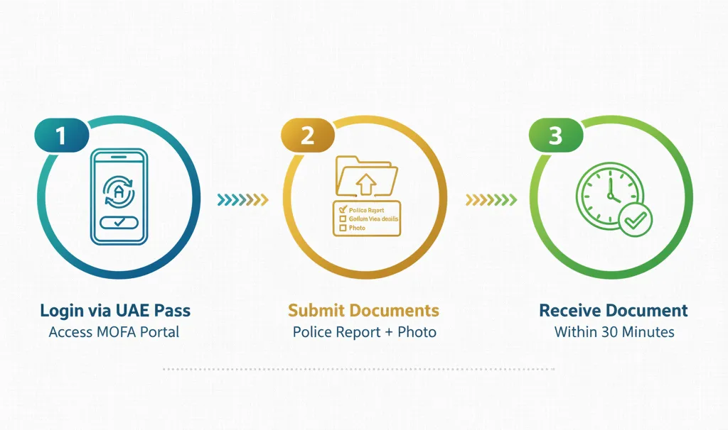 Three-step visual guide showing how Golden Visa holders can obtain UAE return documents within 30 minutes through the MOFA portal