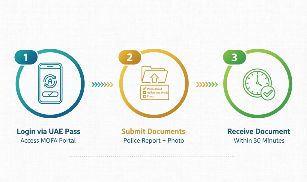 Three-step visual guide showing how Golden Visa holders can obtain UAE return documents within 30 minutes through the MOFA portal