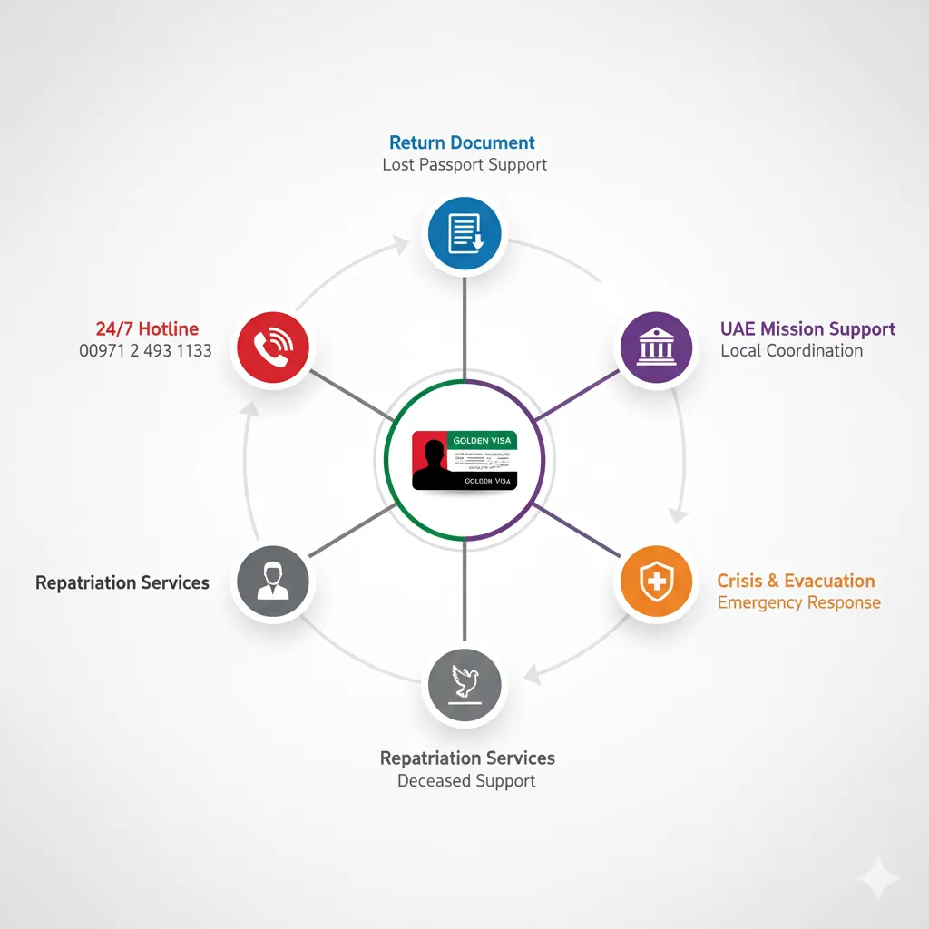 Comprehensive network diagram showing five key consular services available to UAE Golden Visa holders including emergency hotline, return documents, and crisis support
