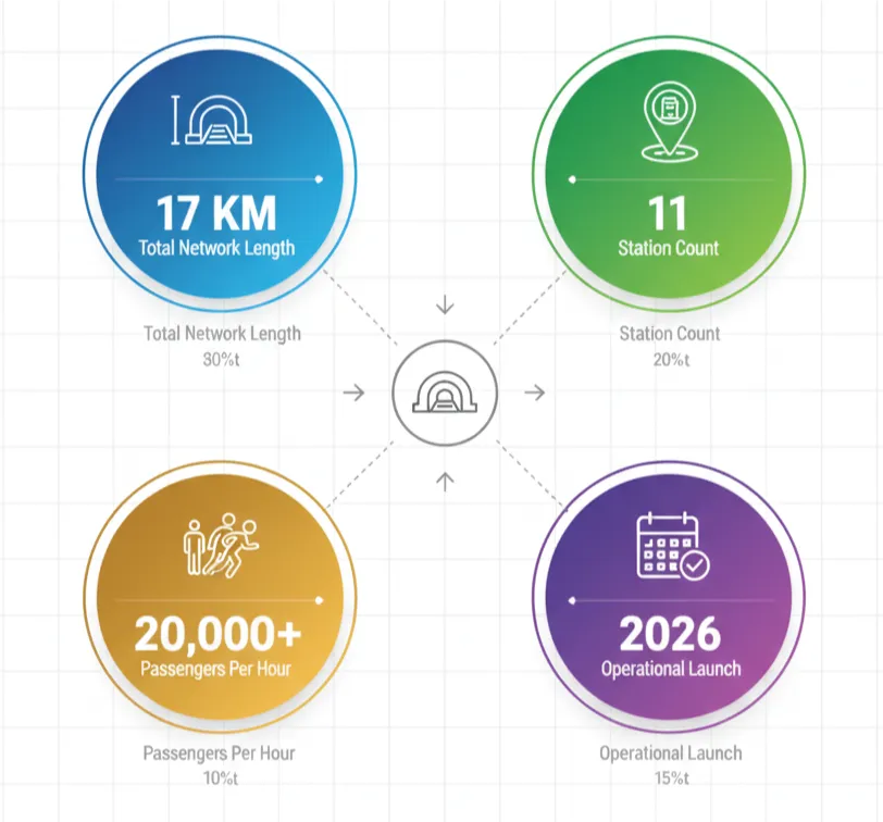 Comprehensive specifications of Dubai Loop showing 17km network length, 11 stations, 20,000 passengers per hour capacity, and 2026 launch date