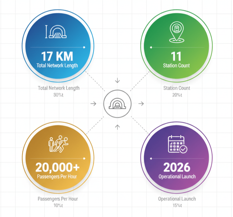 Comprehensive specifications of Dubai Loop showing 17km network length, 11 stations, 20,000 passengers per hour capacity, and 2026 launch date