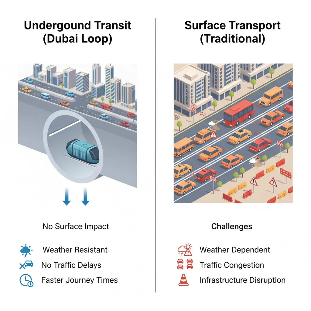 Visual comparison showing Dubai Loop's underground advantages over surface transport including weather resistance and traffic elimination