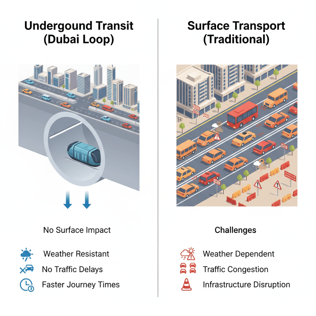 Visual comparison showing Dubai Loop's underground advantages over surface transport including weather resistance and traffic elimination