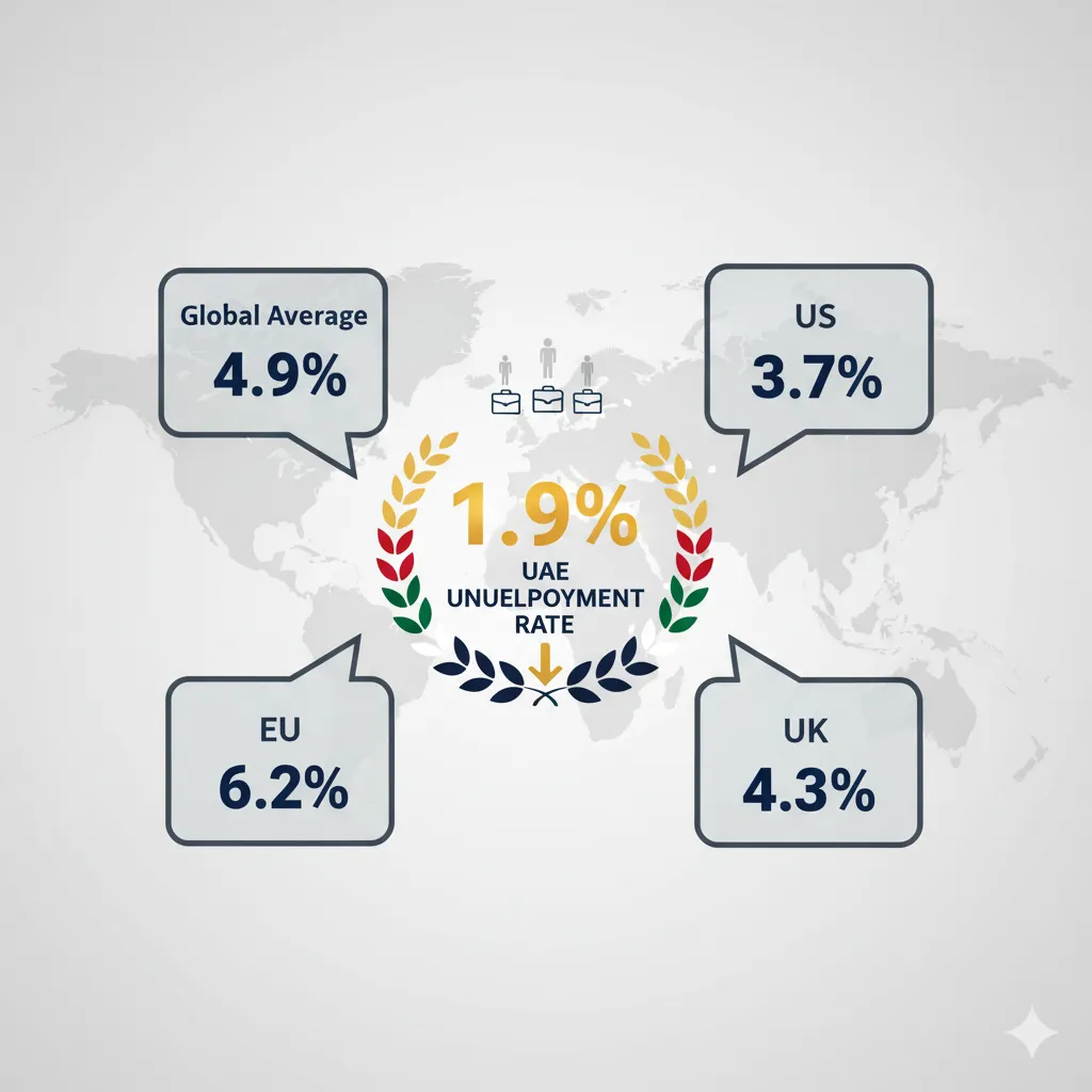 UAE unemployment rate of 1.9% compared to global average of 4.9%, positioning Emirates among world's lowest unemployment nations