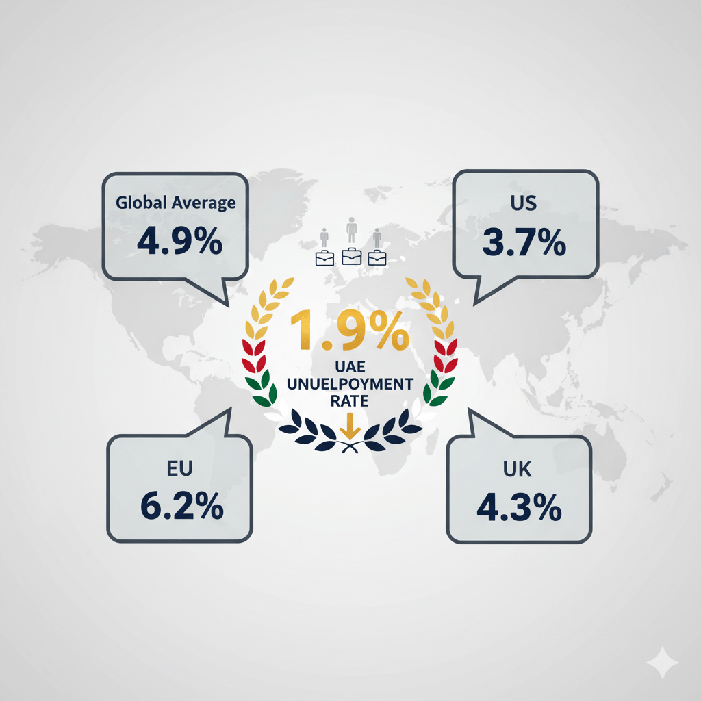 UAE unemployment rate of 1.9% compared to global average of 4.9%, positioning Emirates among world's lowest unemployment nations